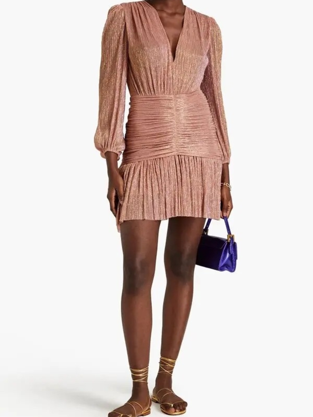Maje 
ruched metallic mesh mini Maje Metallic Rose Mini Dress with Pleated Skirt